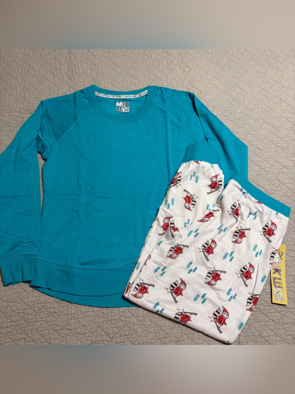 Muk Luks Pajamas Long Sleeve Women’s New Teal & White Raccoons Size Small